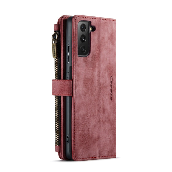 For Samsung Galaxy S21 FE CaseMe-C30 PU + TPU Multifunctional Horizontal Flip Leather Case with Holder & Card Slot & Wallet & Zipper Pocket(Red)