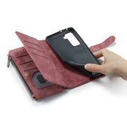 For Samsung Galaxy S21 FE CaseMe-C30 PU + TPU Multifunctional Horizontal Flip Leather Case with Holder & Card Slot & Wallet & Zipper Pocket(Red)