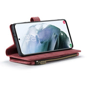 For Samsung Galaxy S21 FE CaseMe-C30 PU + TPU Multifunctional Horizontal Flip Leather Case with Holder & Card Slot & Wallet & Zipper Pocket(Red)