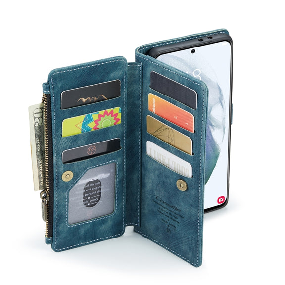 For Samsung Galaxy S21 FE CaseMe-C30 PU + TPU Multifunctional Horizontal Flip Leather Case with Holder & Card Slot & Wallet & Zipper Pocket(Blue)