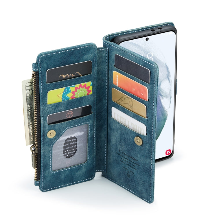 For Samsung Galaxy S21 FE CaseMe-C30 PU + TPU Multifunctional Horizontal Flip Leather Case with Holder & Card Slot & Wallet & Zipper Pocket(Blue)