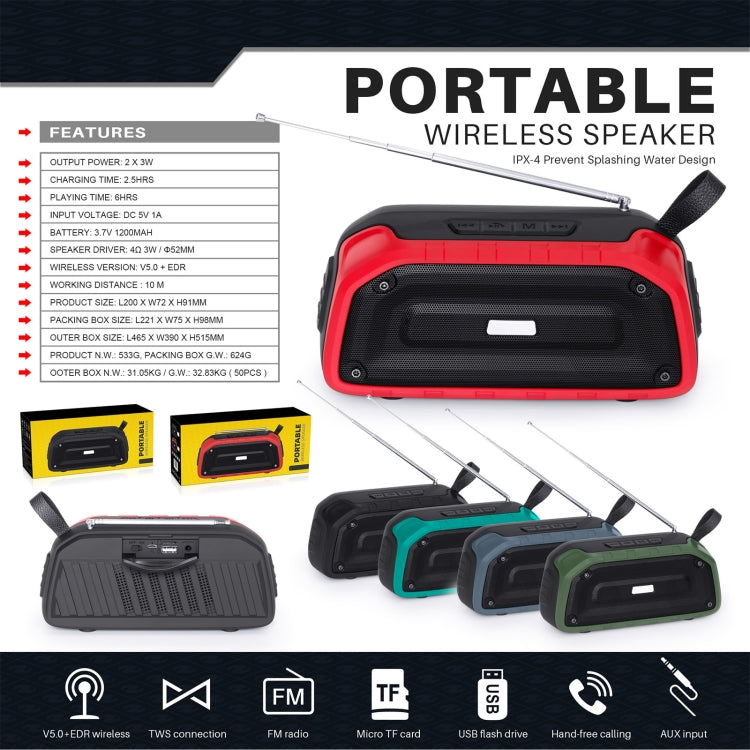 New Rixing NR-906FM TWS Water-resistant Bluetooth Speaker Support Hands-free Call / FM with Handle & Antenna(Black)