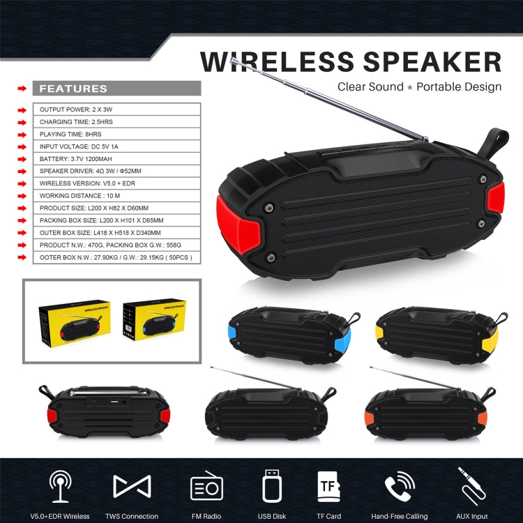 New Rixing NR-907FM TWS Outdoor Bluetooth Speaker Support Hands-free Call / FM with Handle & Antenna(Black)