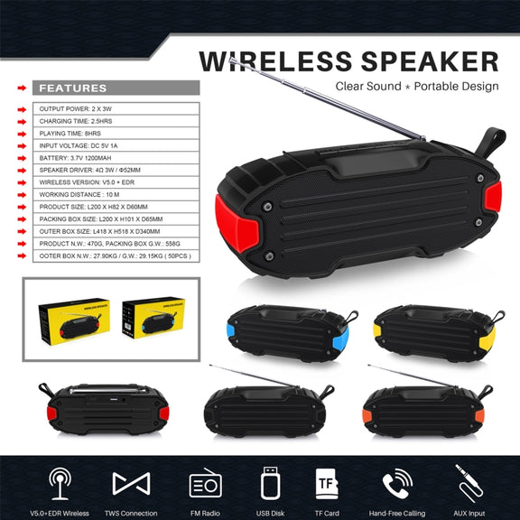 New Rixing NR-907FM TWS Outdoor Bluetooth Speaker Support Hands-free Call / FM with Handle & Antenna(Red)