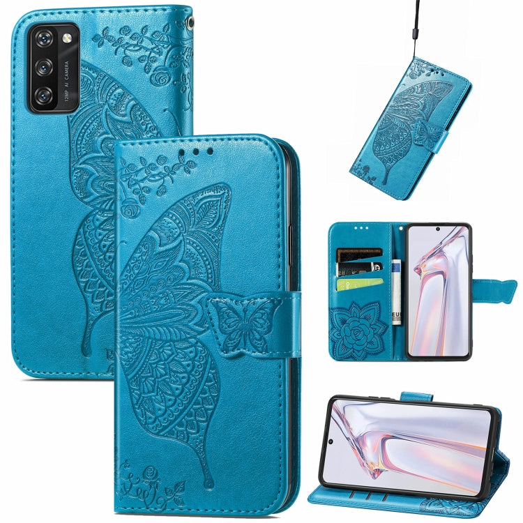 For Blackview A100 Butterfly Love Flower Embossed Horizontal Flip Leather Case with Holder & Card Slots & Wallet & Lanyard(Blue) - More Brand by PMC TechLife | Online Shopping South Africa | PMC TechLife | Buy Now Pay Later Mobicred