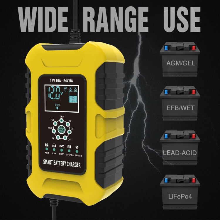 FOXSUR 10A 12V 7-segment Motorcycle / Car Smart Battery Charger, Plug Type:EU Plug(Yellow) - free shipping - PMC Jewellery - Order now!