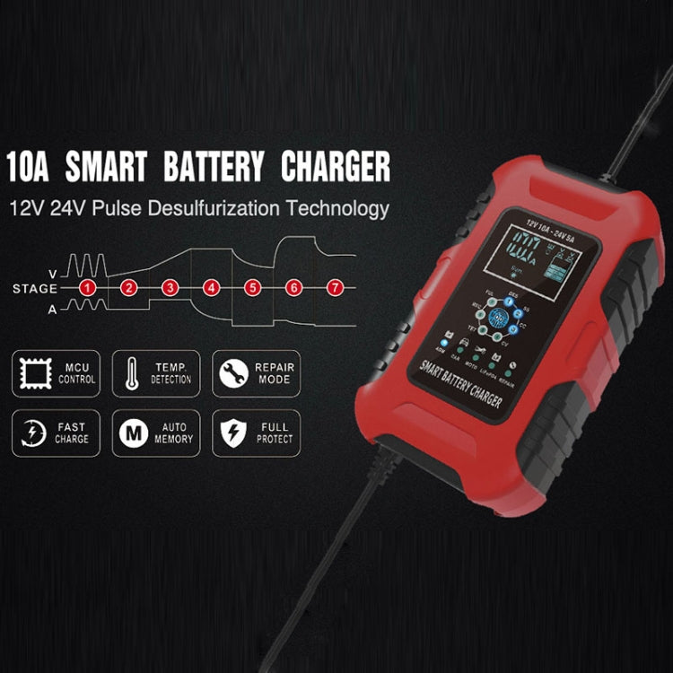 FOXSUR 10A 12V 7-segment Motorcycle / Car Smart Battery Charger, Plug Type:UK Plug(Red) - free shipping - PMC TechLife - Order now!