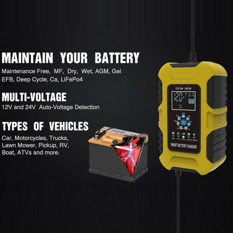 FOXSUR 10A 12V 7-segment Motorcycle / Car Smart Battery Charger, Plug Type:US Plug(Yellow) - Battery Charger by FOXSUR | Online Shopping South Africa | PMC TechLife | Buy Now Pay Later Mobicred