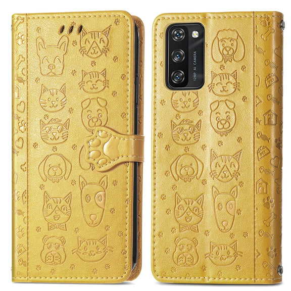 For Blackview A100 Lovely Cat and Dog Embossing Pattern Horizontal Flip Leather Case , with Holder & Card Slots & Wallet & Cartoon Clasp & Lanyard(Yellow)
