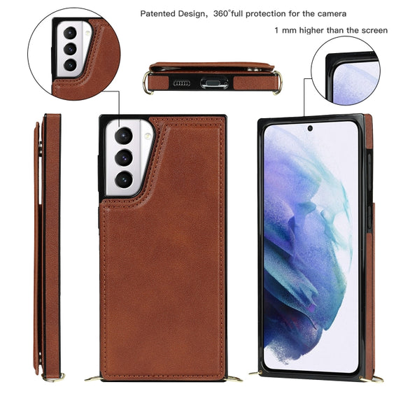 For Samsung Galaxy S21+ 5G Cross-body Square Double Buckle Flip Card Bag TPU+PU Case with Card Slots & Wallet & Photo & Strap(Brown)
