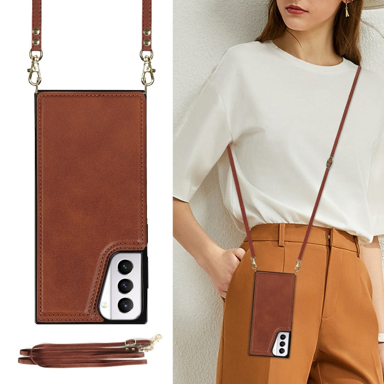 For Samsung Galaxy S21+ 5G Cross-body Square Double Buckle Flip Card Bag TPU+PU Case with Card Slots & Wallet & Photo & Strap(Brown)
