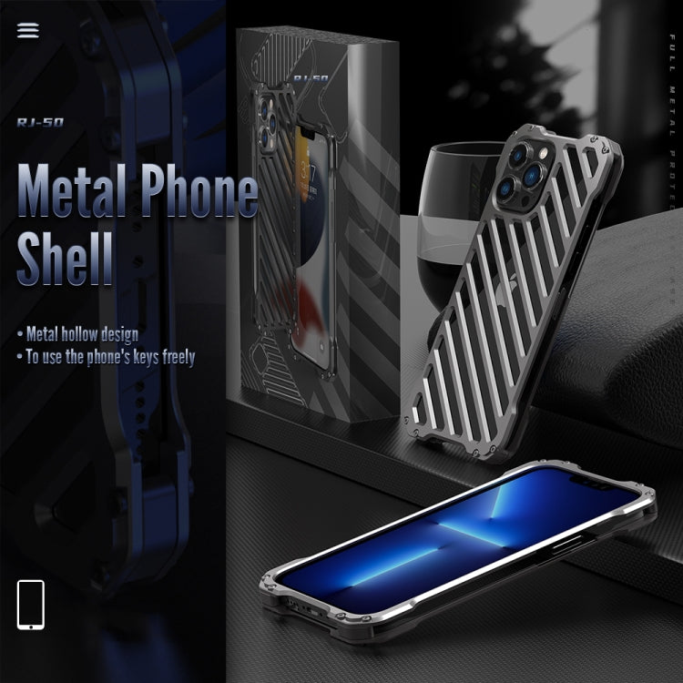 For iPhone 13 Pro Max R-JUST RJ-50 Hollow Breathable Armor Metal Shockproof Protective Case(Silver Grey)