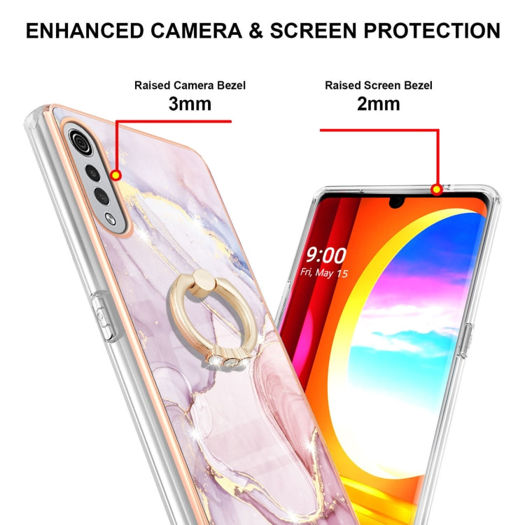 For LG Velvet 4G & 5G / G9 Velvet Electroplating Marble Pattern IMD TPU Shockproof Case with Ring Holder(Rose Gold 005)