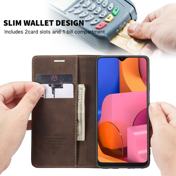 For Galaxy A20s CaseMe-013 Multifunctional Horizontal Flip Leather Case with Card Slot & Holder & Wallet(Coffee)