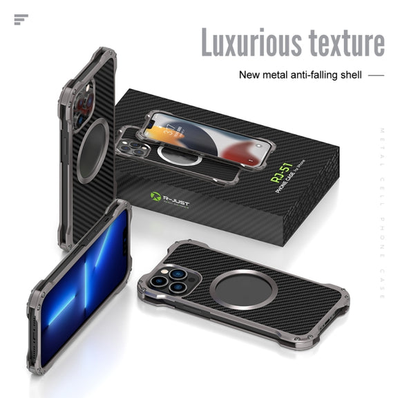 For iPhone 13 R-JUST RJ51 Hollow Shockproof Metal Protective Case(Dark Grey)