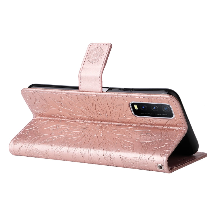 For vivo Y11s/Y12A/Y12s/Y20/Y20A/Y20s/Y20i/Y20G/Y20SG Pressed Printing Sunflower Pattern Horizontal Flip PU Leather Case with Holder & Card Slots & Wallet & Lanyard(Pink) - vivo Cases by PMC TechLife | Online Shopping South Africa | PMC TechLife