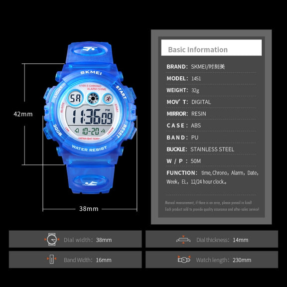 SKMEI 1451 LED Digital Stopwatch Chronograph Luminous Children Sports Electronic Watch(White Shell Blue Circle)