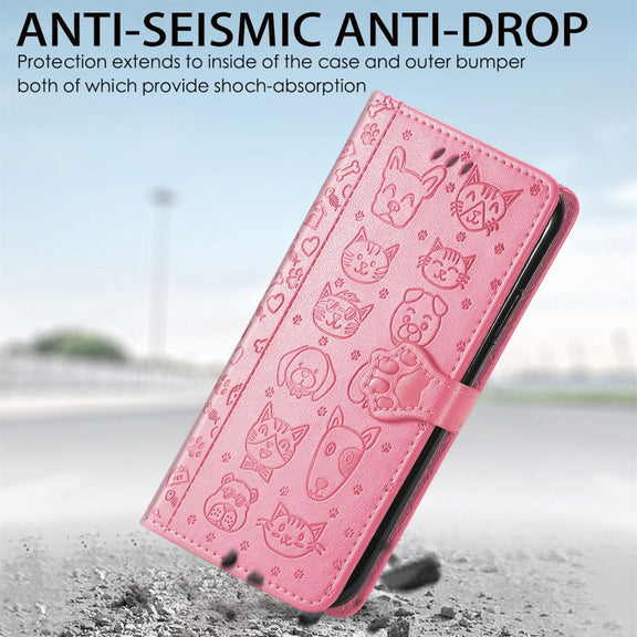 For Doogee N40 Pro Cat and Dog Embossed Horizontal Flip Phone Leather Case with Holder & Card Slot & Wallet & Lanyard(Pink)