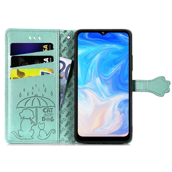 For Doogee N40 Pro Cat and Dog Embossed Horizontal Flip Phone Leather Case with Holder & Card Slot & Wallet & Lanyard(Green)