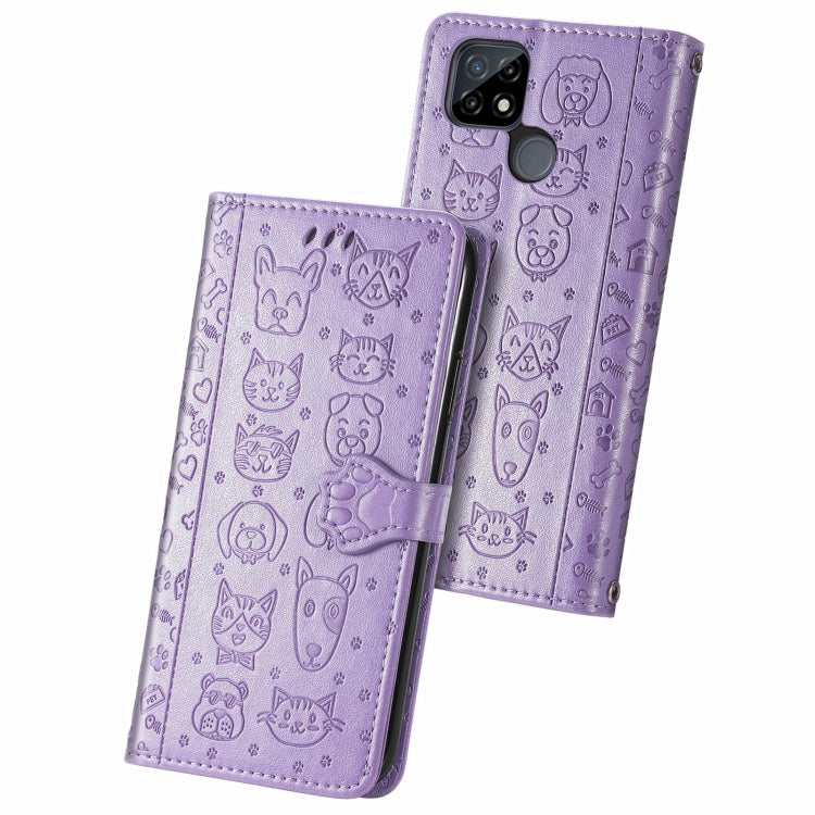 For OPPO Realme C21Y Cat and Dog Embossed Horizontal Flip Phone Leather Case with Holder & Card Slot & Wallet & Lanyard(Purple) - Realme Cases by PMC TechLife | Online Shopping South Africa | PMC TechLife | Buy Now Pay Later Mobicred