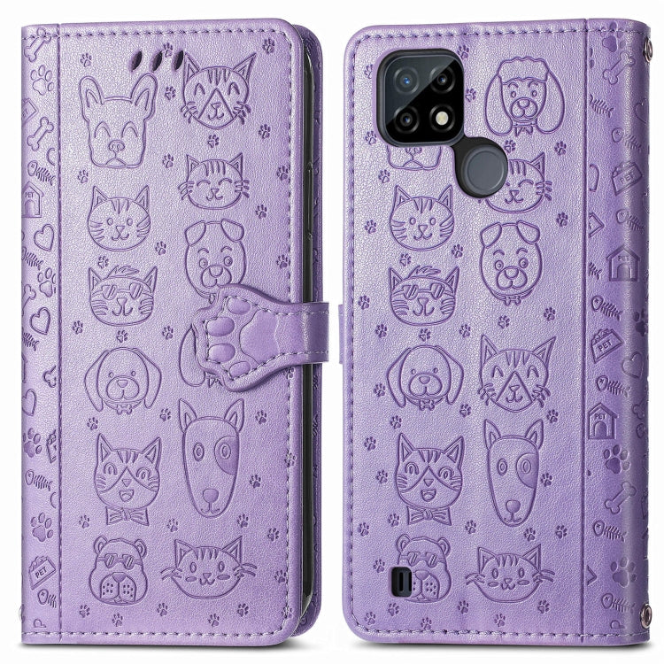 For OPPO Realme C21Y Cat and Dog Embossed Horizontal Flip Phone Leather Case with Holder & Card Slot & Wallet & Lanyard(Purple)