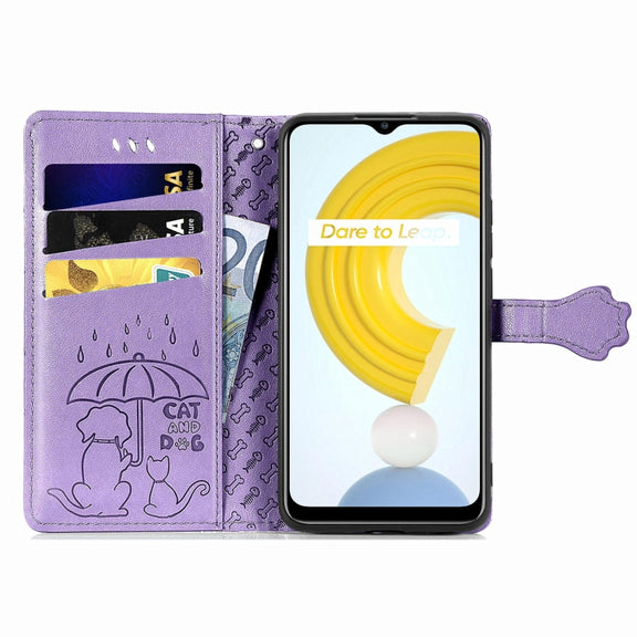 For OPPO Realme C21Y Cat and Dog Embossed Horizontal Flip Phone Leather Case with Holder & Card Slot & Wallet & Lanyard(Purple)
