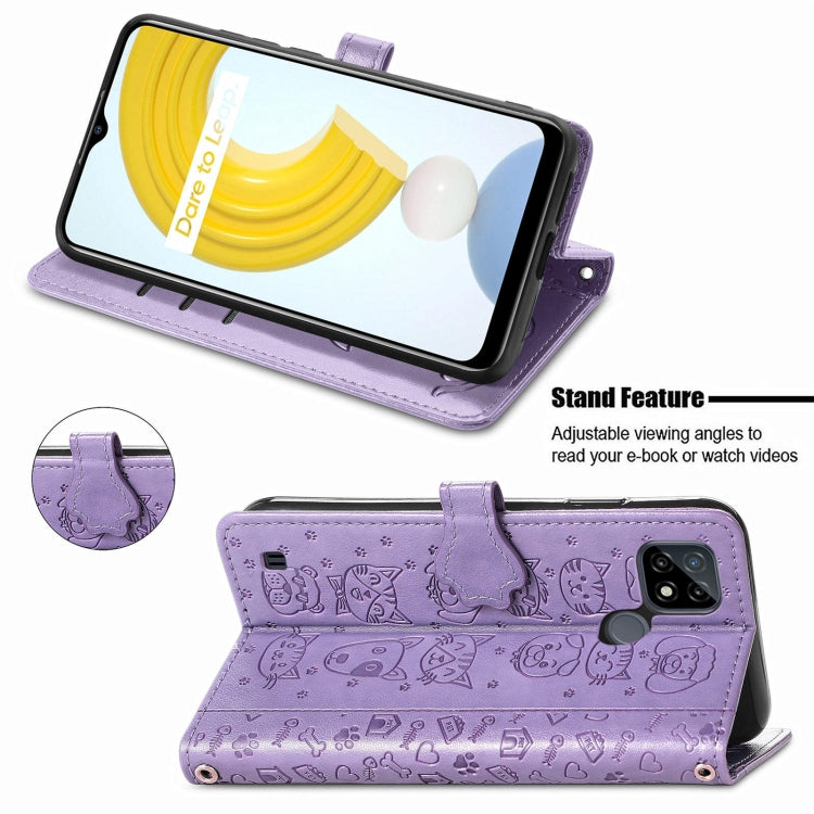 For OPPO Realme C21Y Cat and Dog Embossed Horizontal Flip Phone Leather Case with Holder & Card Slot & Wallet & Lanyard(Purple) - Realme Cases by PMC TechLife | Online Shopping South Africa | PMC TechLife | Buy Now Pay Later Mobicred