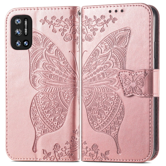 For DOOGEE N40 Pro Butterfly Love Flowers Embossed Horizontal Flip Leather Case with Holder & Card Slots & Wallet & Lanyard(Rose Gold)