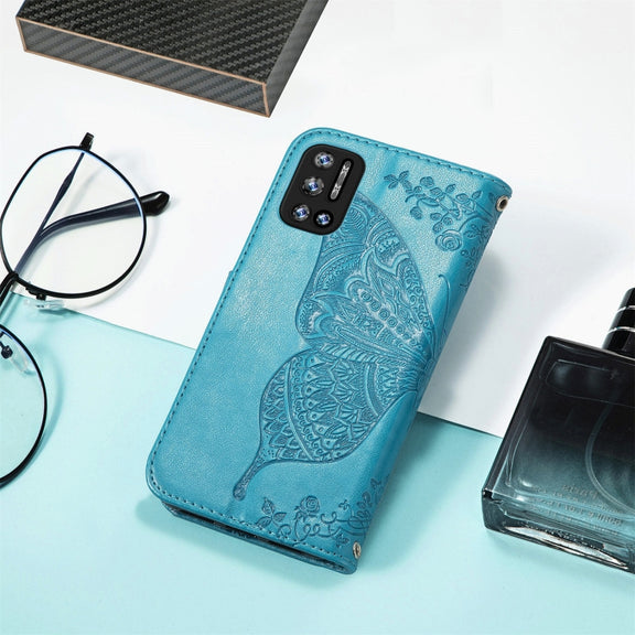 For DOOGEE N40 Pro Butterfly Love Flowers Embossed Horizontal Flip Leather Case with Holder & Card Slots & Wallet & Lanyard(Blue)