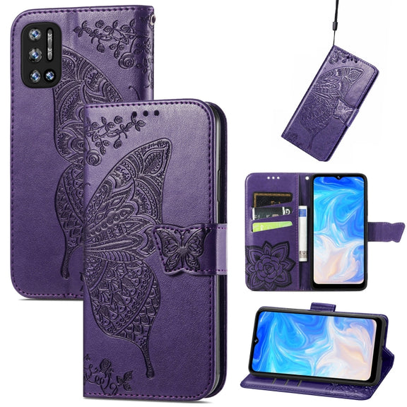 For DOOGEE N40 Pro Butterfly Love Flowers Embossed Horizontal Flip Leather Case with Holder & Card Slots & Wallet & Lanyard(Dark Purple)