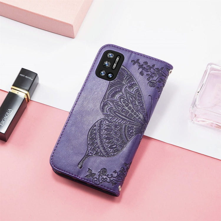 For DOOGEE N40 Pro Butterfly Love Flowers Embossed Horizontal Flip Leather Case with Holder & Card Slots & Wallet & Lanyard(Dark Purple)