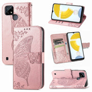 For OPPO Realme C21Y Butterfly Love Flowers Embossed Horizontal Flip Leather Case with Holder & Card Slots & Wallet & Lanyard(Rose Gold)