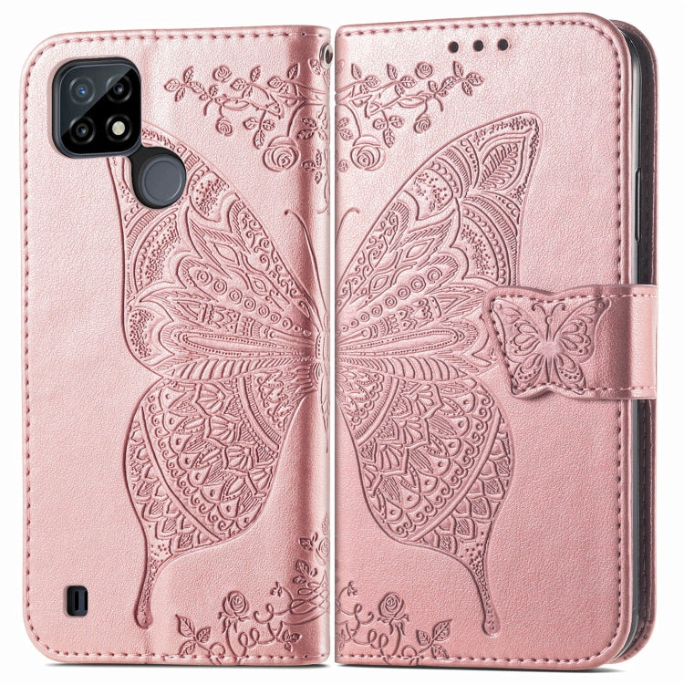 For OPPO Realme C21Y Butterfly Love Flowers Embossed Horizontal Flip Leather Case with Holder & Card Slots & Wallet & Lanyard(Rose Gold)