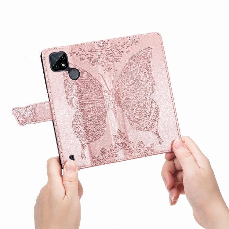 For OPPO Realme C21Y Butterfly Love Flowers Embossed Horizontal Flip Leather Case with Holder & Card Slots & Wallet & Lanyard(Rose Gold)