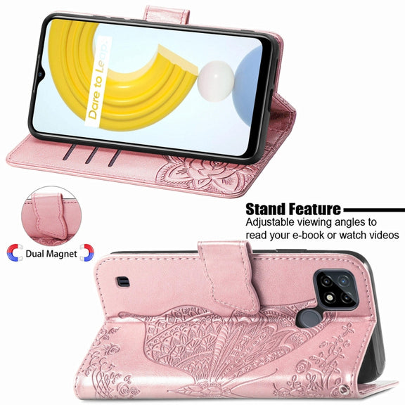 For OPPO Realme C21Y Butterfly Love Flowers Embossed Horizontal Flip Leather Case with Holder & Card Slots & Wallet & Lanyard(Rose Gold)