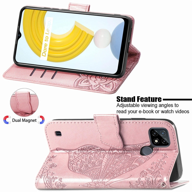 For OPPO Realme C21Y Butterfly Love Flowers Embossed Horizontal Flip Leather Case with Holder & Card Slots & Wallet & Lanyard(Rose Gold)
