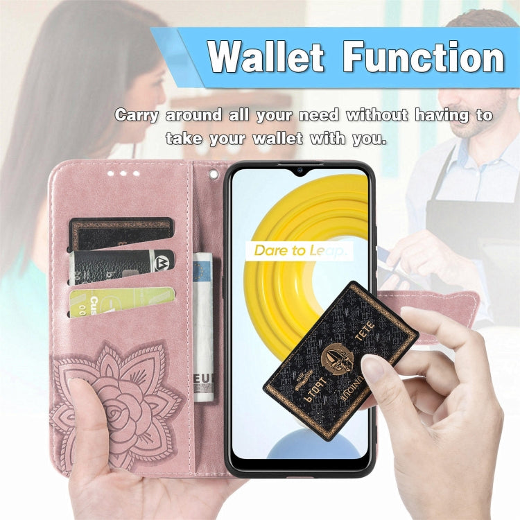 For OPPO Realme C21Y Butterfly Love Flowers Embossed Horizontal Flip Leather Case with Holder & Card Slots & Wallet & Lanyard(Rose Gold)