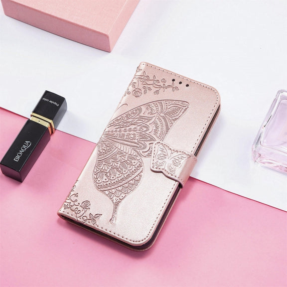 For OPPO Realme C21Y Butterfly Love Flowers Embossed Horizontal Flip Leather Case with Holder & Card Slots & Wallet & Lanyard(Rose Gold)