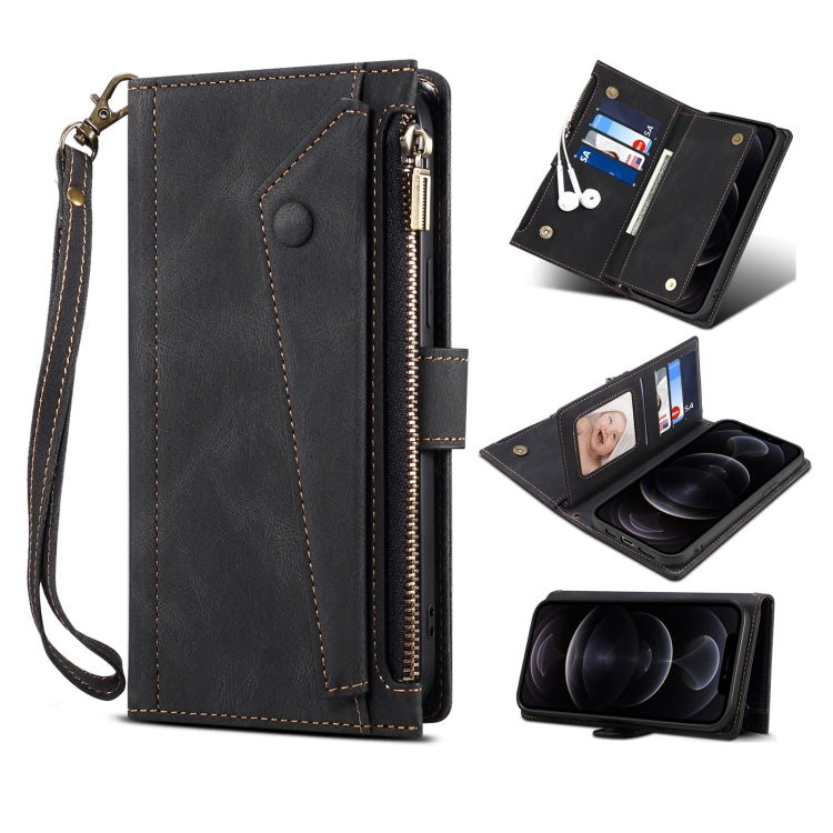 For Google Pixel 6 Retro Frosted Leather Phone Case with Holder & Card Slot & Wallet & Zipper Pocket & Lanyard(Black) - Google Cases by PMC TechLife | Online Shopping South Africa | PMC TechLife | Buy Now Pay Later Mobicred