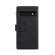 For Google Pixel 6 Retro Frosted Leather Phone Case with Holder & Card Slot & Wallet & Zipper Pocket & Lanyard(Black)