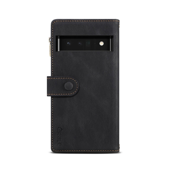 For Google Pixel 6 Pro Retro Frosted Leather Phone Case with Holder & Card Slot & Wallet & Zipper Pocket & Lanyard(Black)