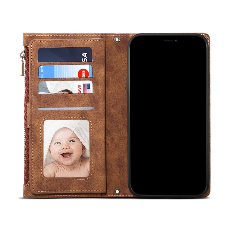 For Google Pixel 6 Pro Retro Frosted Leather Phone Case with Holder & Card Slot & Wallet & Zipper Pocket & Lanyard(Brown)