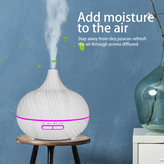 USB 400ml Wood Texture Fragrance Machine Pointed Mouth Humidifier Automatic Alcohol Sprayer with Colorful LED Light & Remote Control(White)
