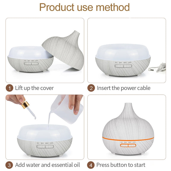USB 400ml Wood Texture Fragrance Machine Pointed Mouth Humidifier Automatic Alcohol Sprayer with Colorful LED Light & Remote Control(White)