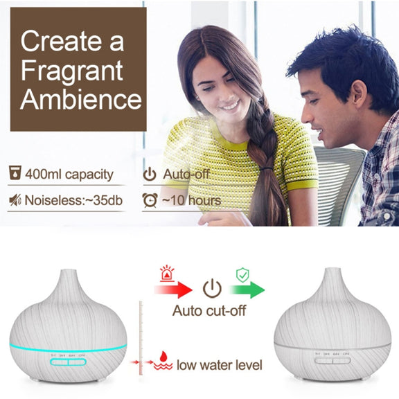 USB 400ml Wood Texture Fragrance Machine Pointed Mouth Humidifier Automatic Alcohol Sprayer with Colorful LED Light & Remote Control(White)