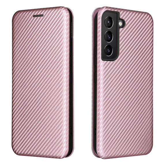 For Samsung Galaxy S22 Carbon Fiber Texture Horizontal Flip Leather Phone Case(Pink)