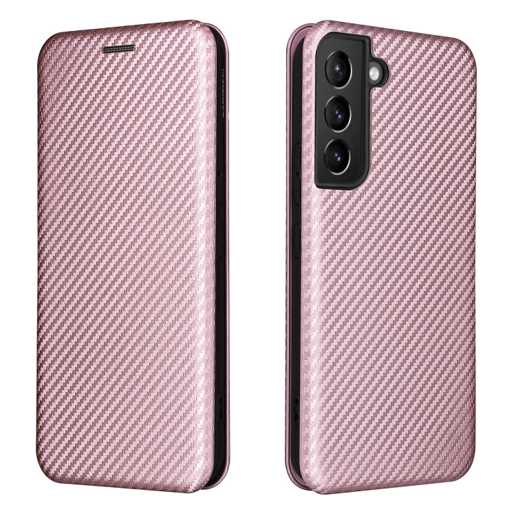 For Samsung Galaxy S22 Carbon Fiber Texture Horizontal Flip Leather Phone Case(Pink)