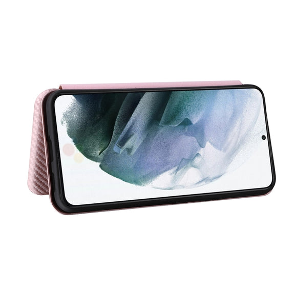 For Samsung Galaxy S22 Carbon Fiber Texture Horizontal Flip Leather Phone Case(Pink)