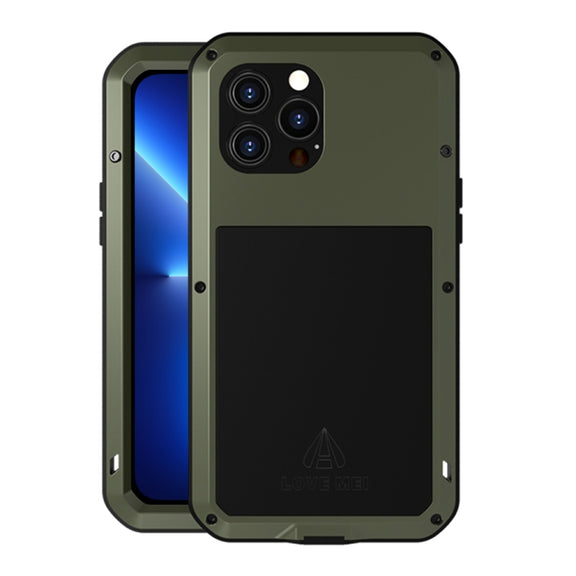 For iPhone 13 Pro Max LOVE MEI Metal Shockproof Life Water-resistant Dustproof Protective Phone Case (Army Green)