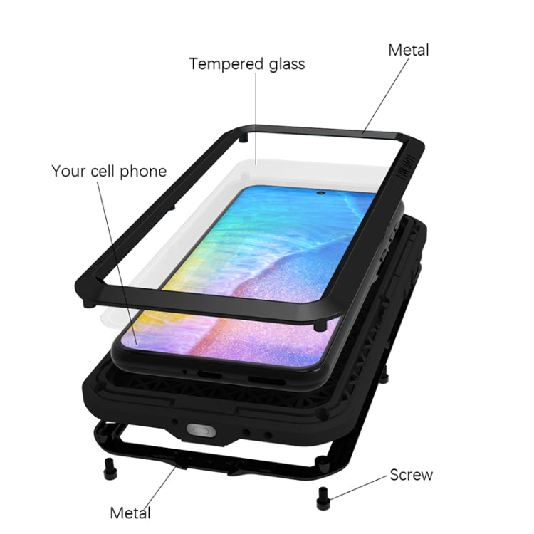 For Huawei P50 LOVE MEI Metal Shockproof Water-resistant Dustproof Protective Phone Case with Glass(Black)